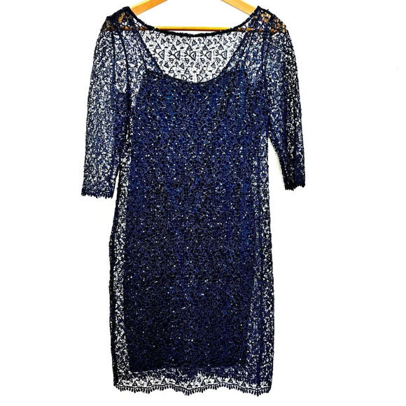 Kay Unger Sequin Lace Sheath Dress Long Sleeve Cocktail  Evening Navy Blue 6 - Picture 2 of 14